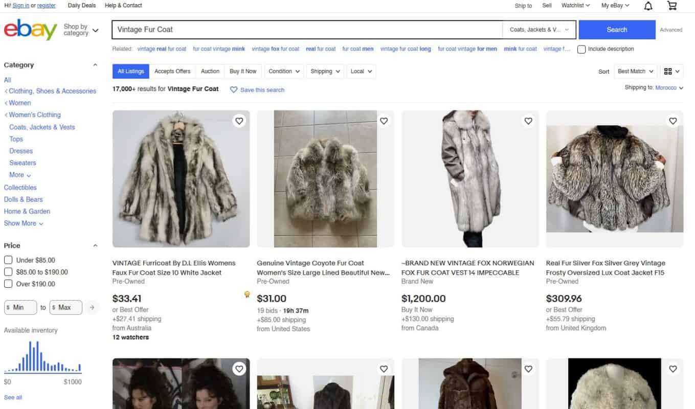 ebay fur coats listings